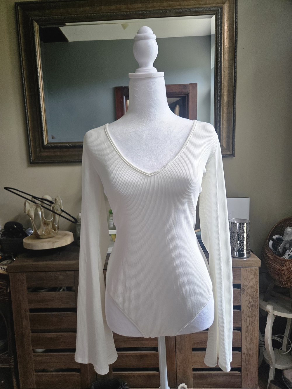 Free People Long-Sleeve V-Neck Ribbed Top in A Creamy White